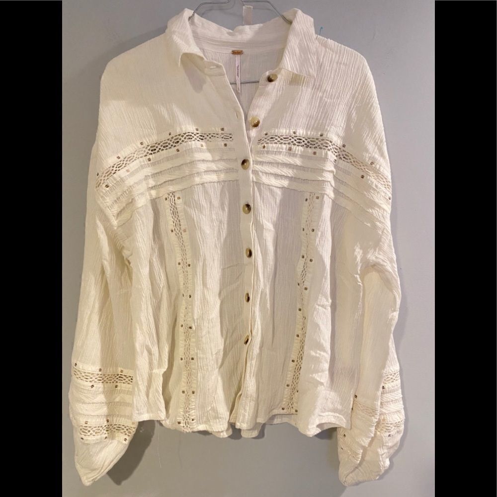 Free People Summer Stars Sequin Lace Crinkle Button Down Top Ivory L NWOT - Picture 5 of 8